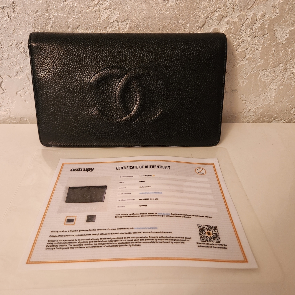 Chanel Black Caviar Leather Wallet With COA